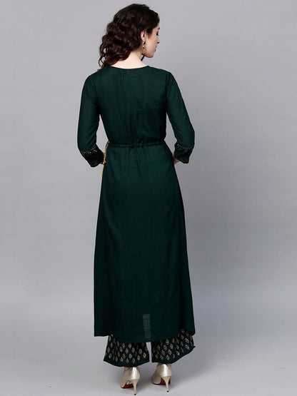Dhiyona IS Women's Women Green Ethnic Motifs Yoke Design Kurta with Trousers