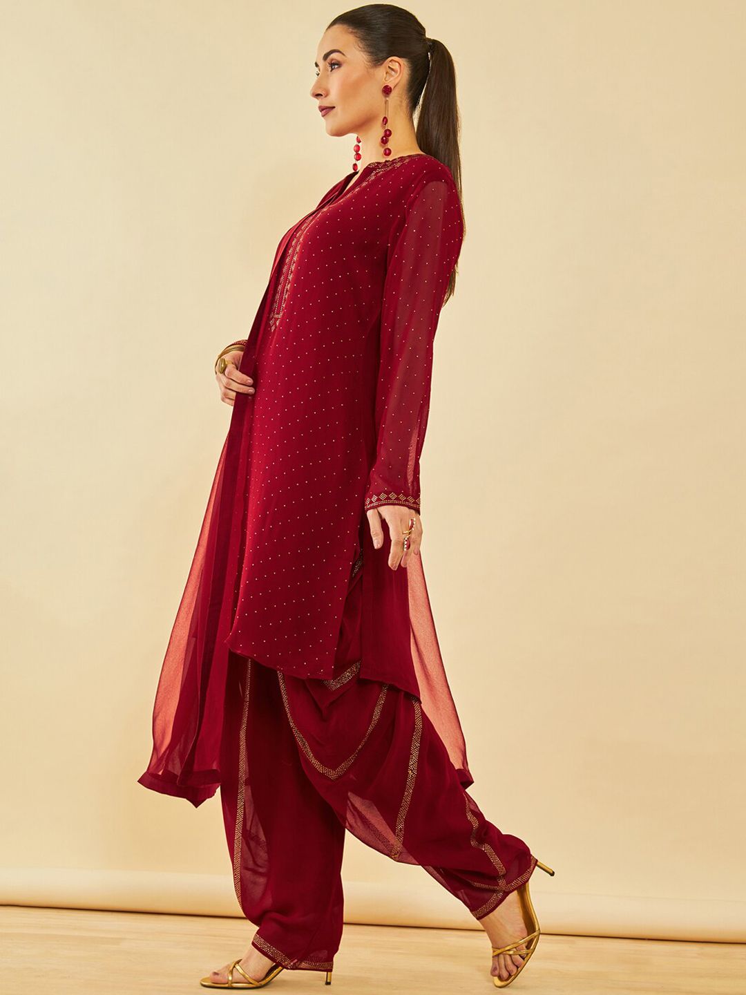 Dhiyona SO Women's Red Ethnic Motifs Yoke Design Beads and Stones Georgette Kurta With Salwar & Dupatta