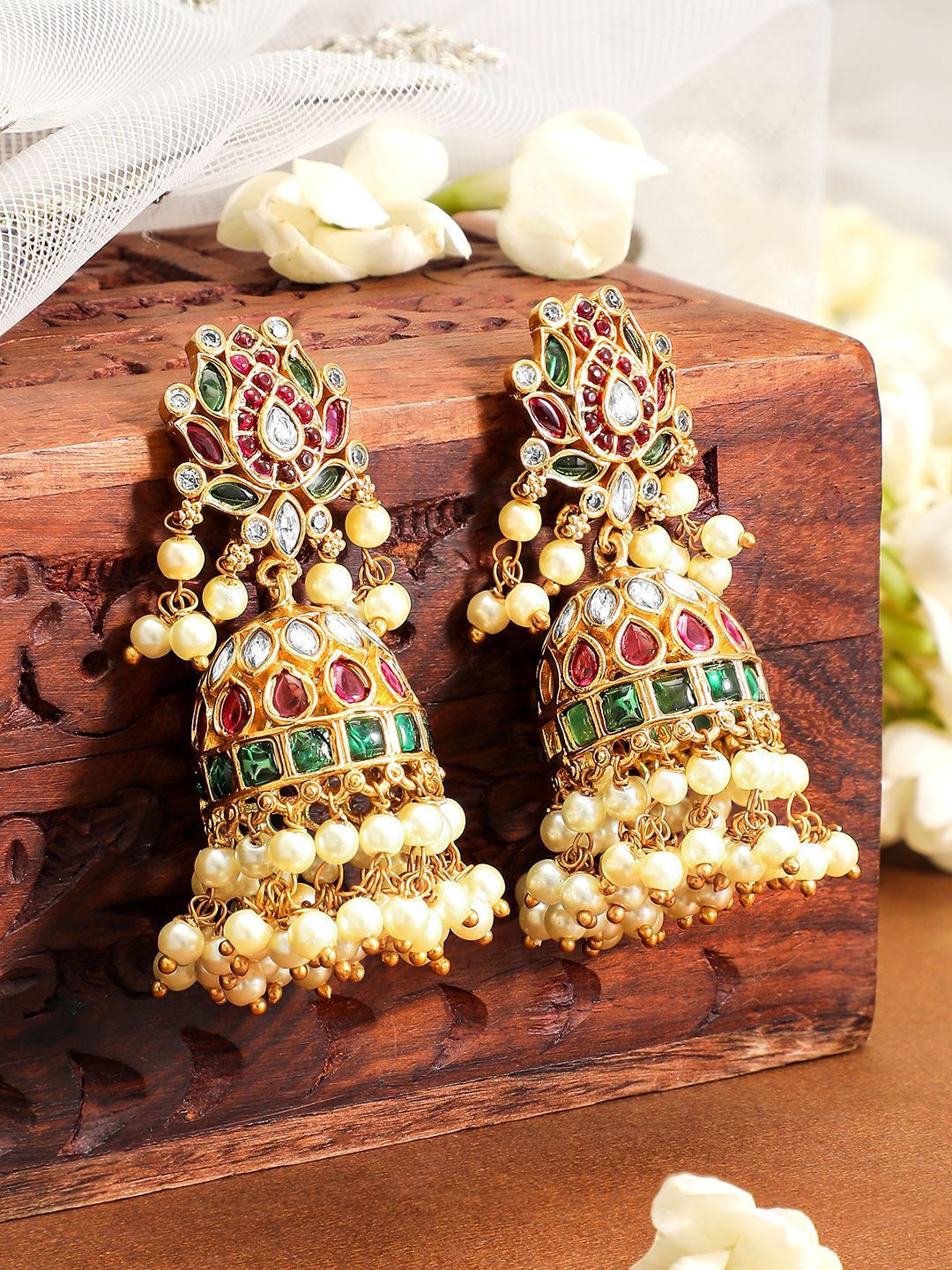 Dhiyona RJ Women's 22K Gold-Plated Ruby Red & Emerald Green Kundan Stone Studed Jhumka with Pearl Bead