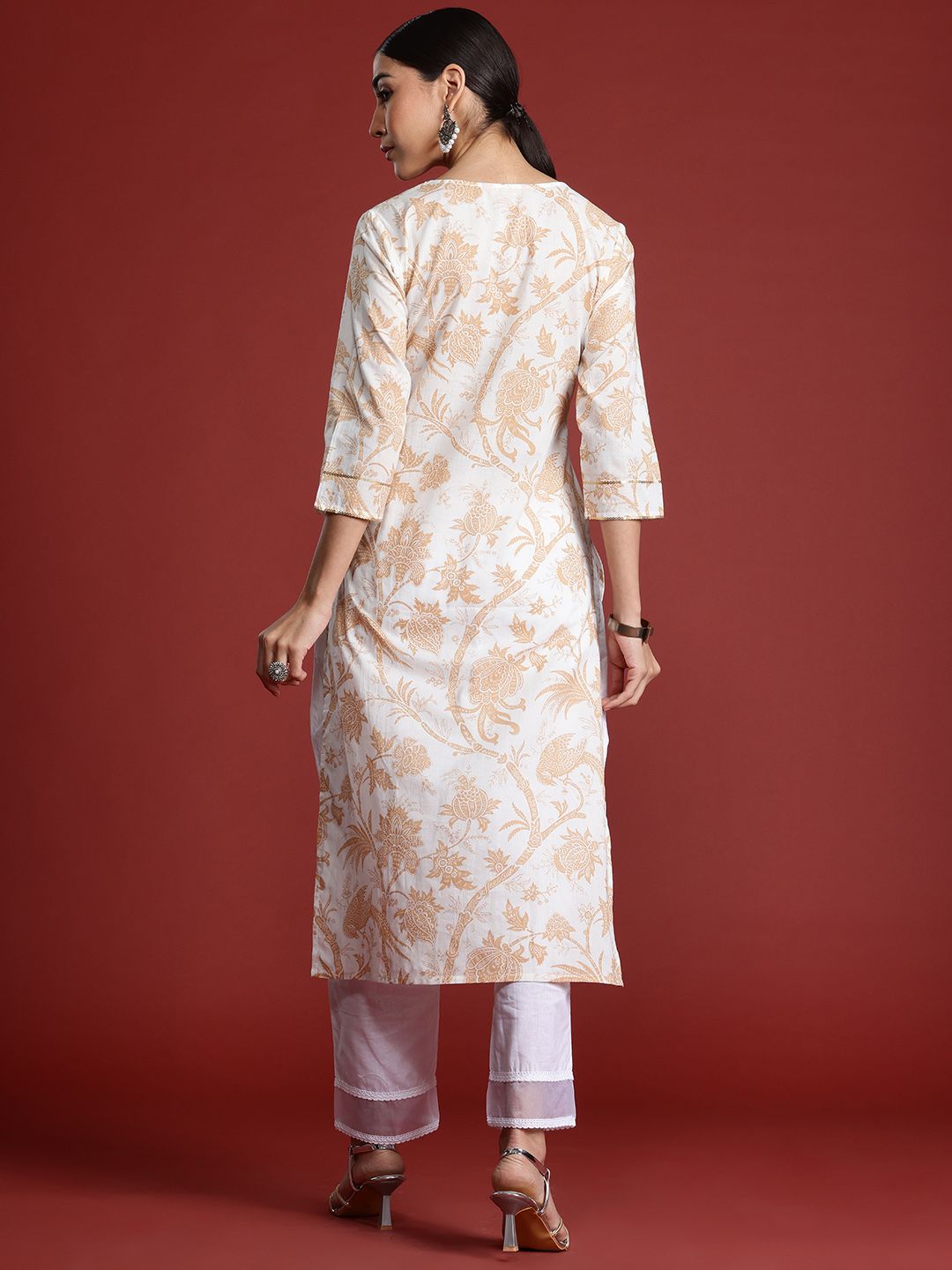 Dhiyona IE Women Floral Printed Keyhole Neck Pure Cotton Kurta