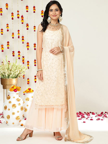 Dhiyona VA Floral Embroidered Sequinned Straight Kurta & Sharara With Dupatta