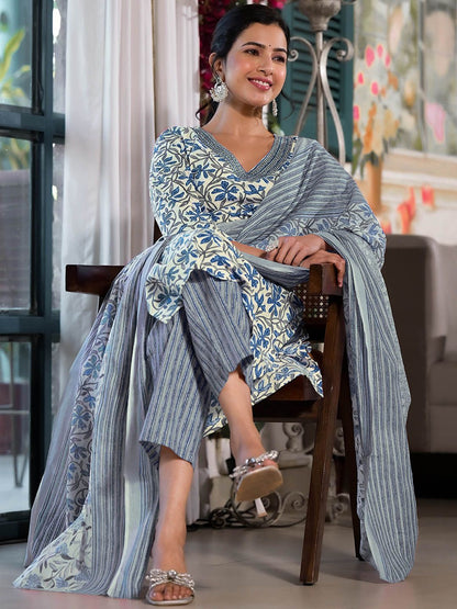 Dhiyona KL Floral Printed Regular Straight Pure Cotton Kurta with Trousers & Dupatta
