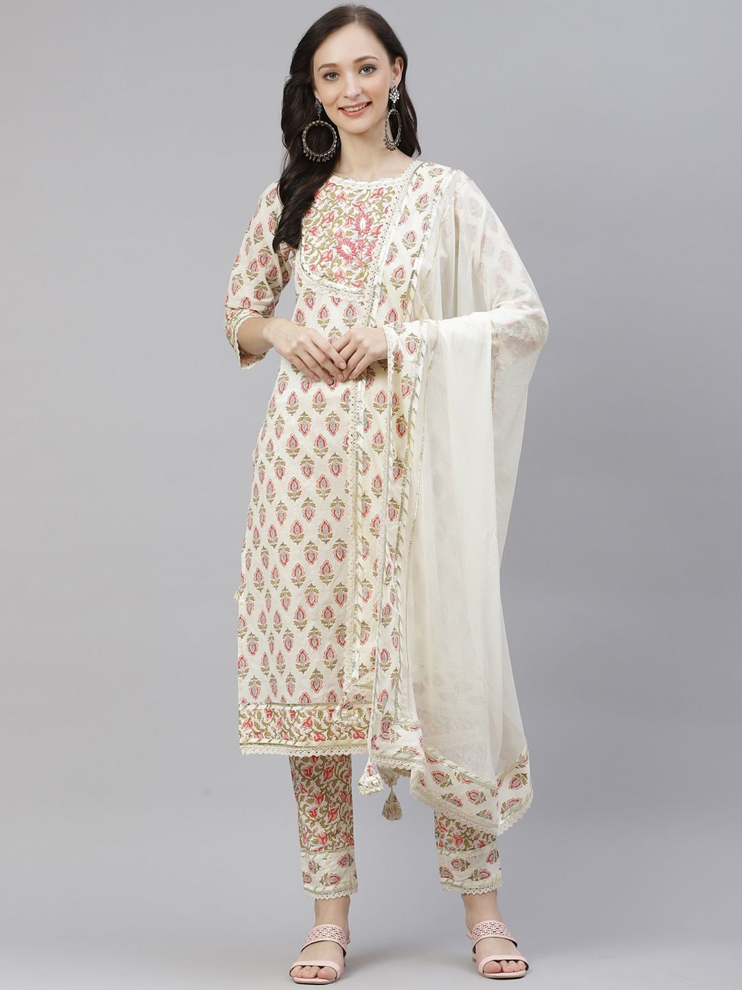 Dhiyona KL Ethnic Motifs Printed Thread Work Pure Cotton Kurta & Trousers With Dupatta