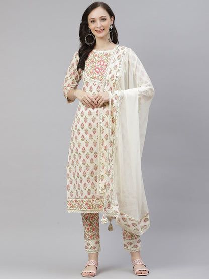 Dhiyona KL Ethnic Motifs Printed Thread Work Pure Cotton Kurta & Trousers With Dupatta