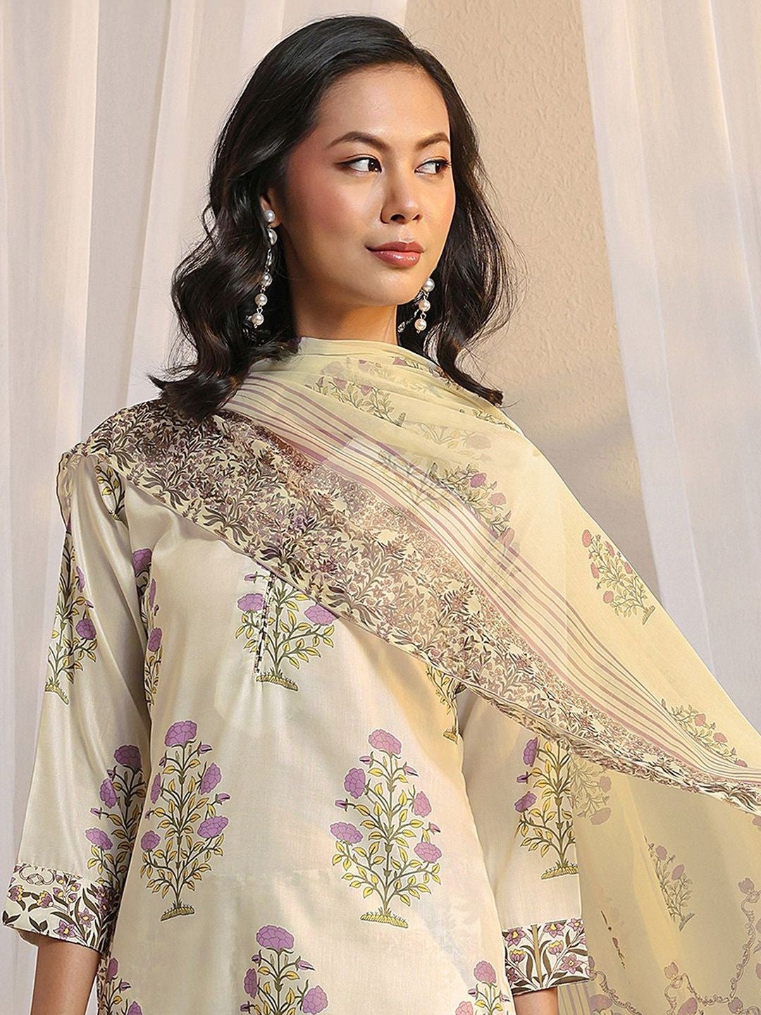 Off White Floral Printed Chanderi Silk Straight Suit Set with Dupatta