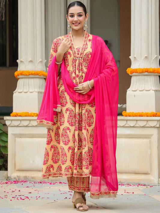 Dhiyona RR Women's Paisley Printed Sequinned Pure Cotton Kurta with Trousers & Dupatta
