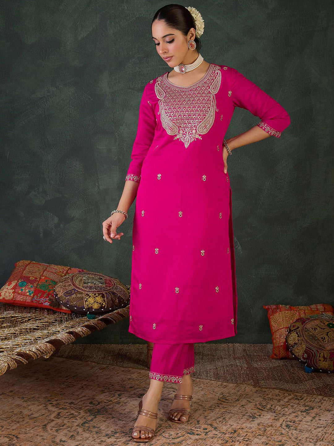 Women Embroidered Regular Sequinned Kurta Set