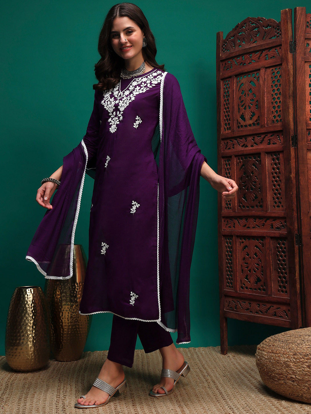 Floral Embroidered Chikankari Pure Cotton Straight Kurta With Trouser And Dupatta