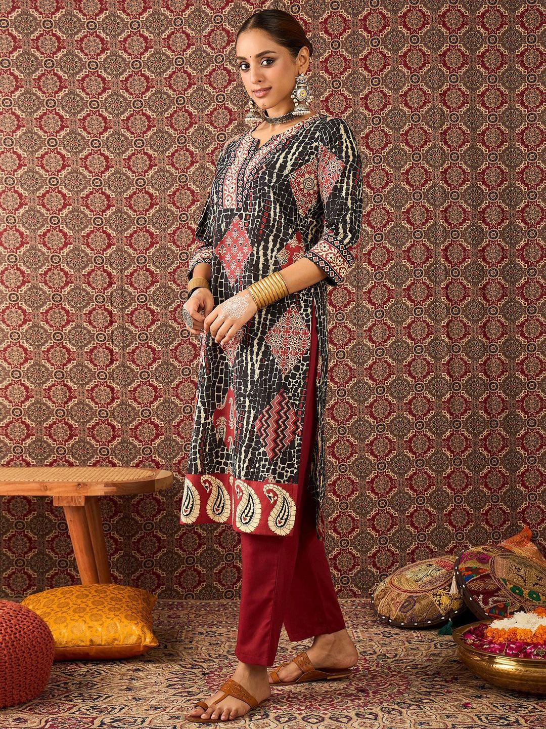 Dhiyona IE Printed Pure Cotton V-Neck Tunic With Trouser