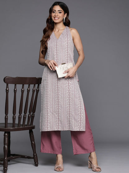 Mauve Mauve Floral Woven Design Sleeveless Straight Kurta with Palazzos