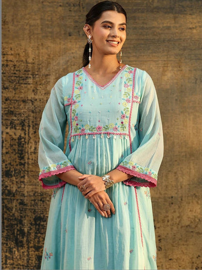 Baby Blue Floral Embroidered Cotton Anarkali Suit Set