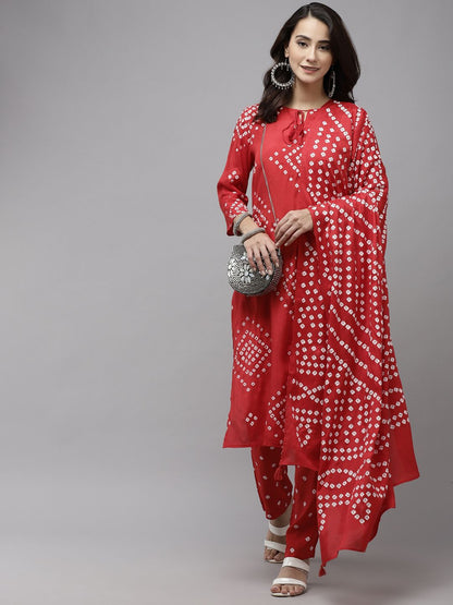 Dhiyona IS Women's Women Red Bandhani Printed Regular Kurta with Trousers & With Dupatta