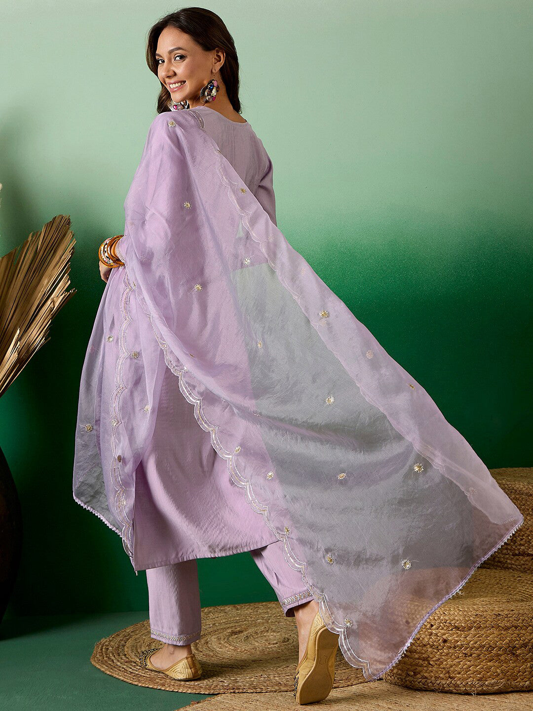 Purple Floral Embroidered Straight Kurta with Trouser & Dupatta
