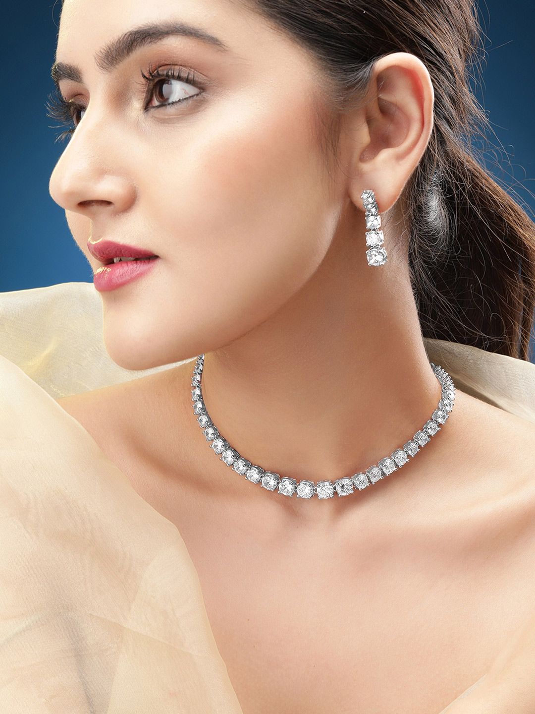 Dhiyona RJ Women's Rhodium-Plated White Cubic Zirconia Studded Tennis Necklace