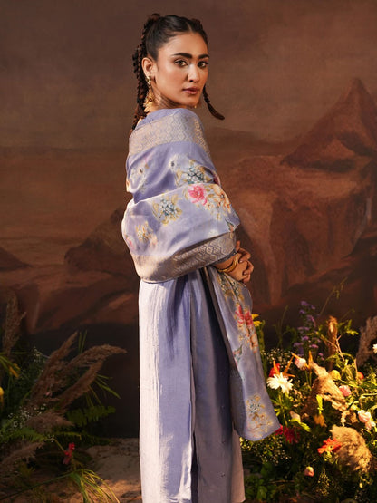 Dhiyona IS Women's Floral Embroidered V-Neck Three-Quarter Sleeves Kurta with Trousers & With Dupatta