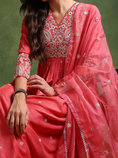 Dhiyona KL Floral Embroidered V-Neck Pleated A-Line Kurta with Palazzos & Dupatta