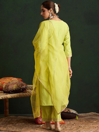 Embroidered Liva Straight Kurta With Trousers & Dupatta