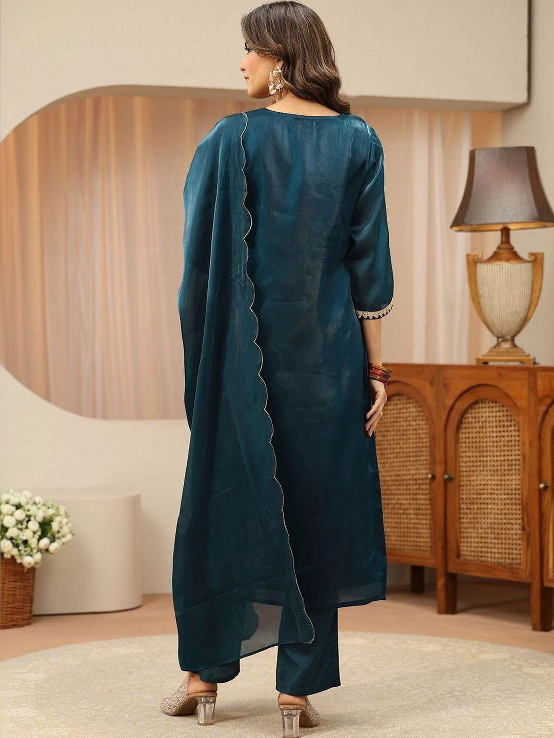 Libas Navy Blue Yoke Design Tissue Straight Suit Set