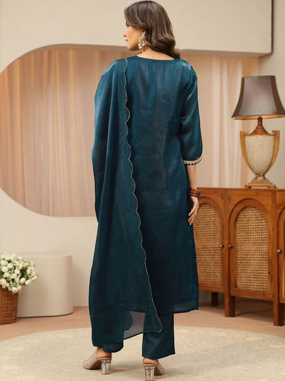 Libas Navy Blue Yoke Design Tissue Straight Suit Set