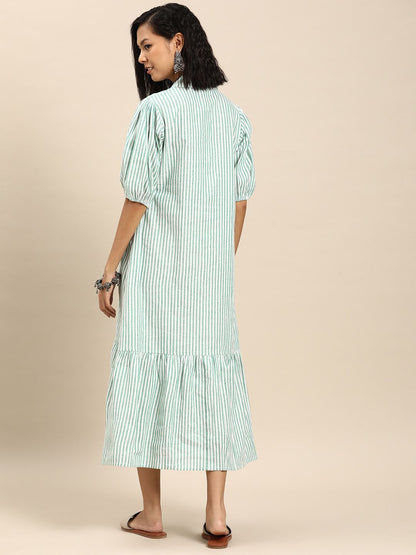 Dhiyona AY Women's Striped Puff Sleeve A-Line Cotton Midi Dress