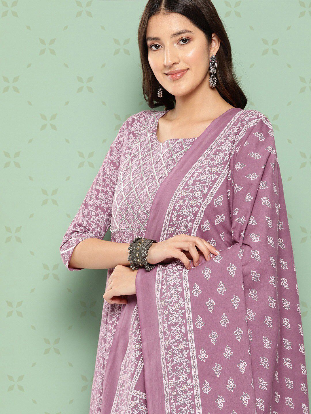 Dhiyona KL Ethnic Motifs Printed Pure Cotton Anarkali Kurta with Trousers & Dupatta