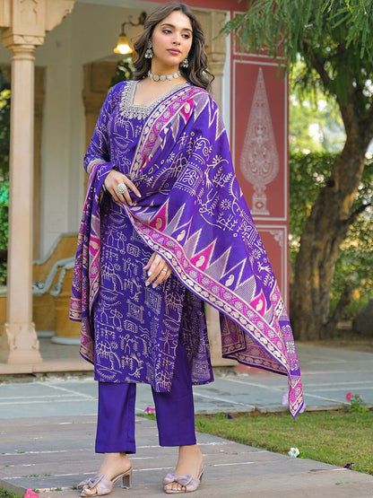 Dhiyona KL Women Ethnic Motifs Printed Regular Thread Work Kurta with Trousers & With Dupatta