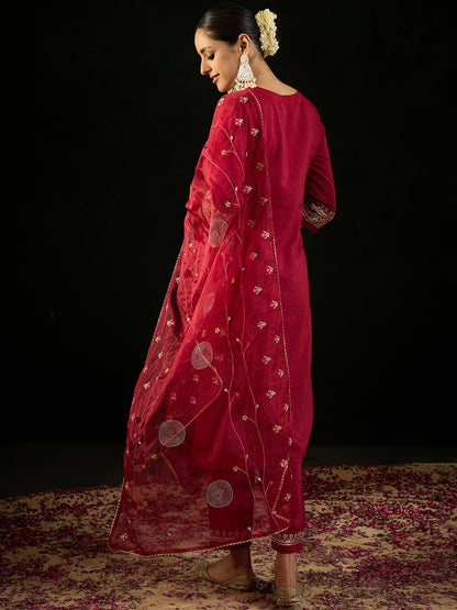 Round Neck Floral Embroidered Straight Kurta with Trouser & Dupatta