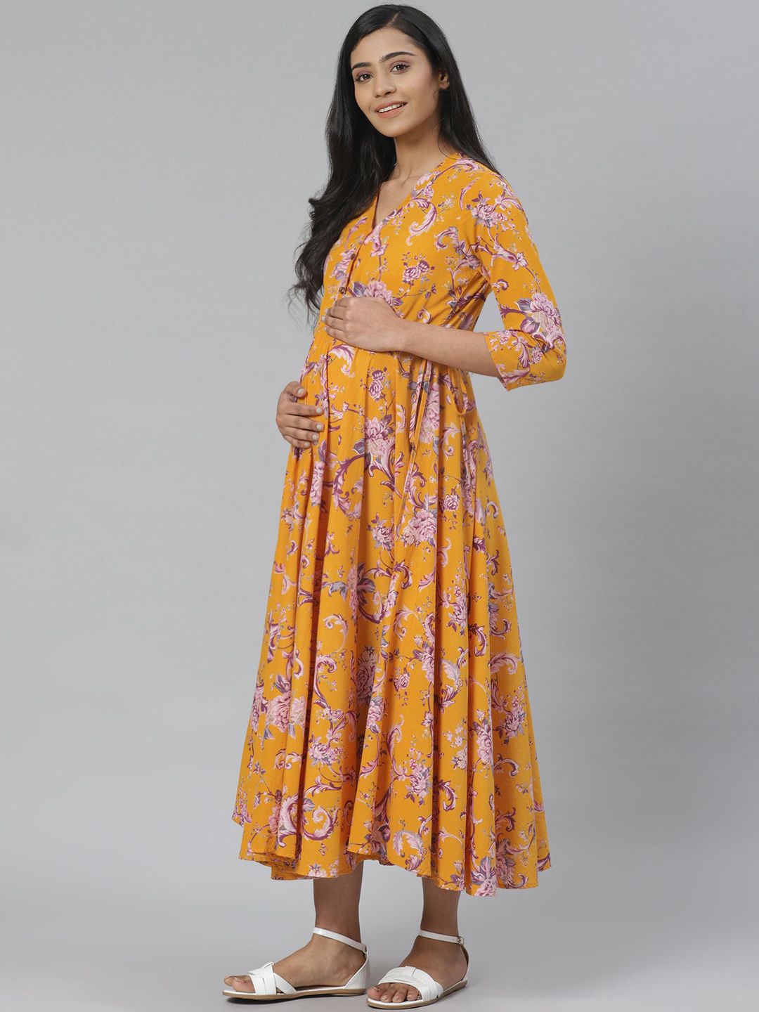 Dhiyona AY Women's Mustard Yellow & Purple Floral Printed Pure Cotton Maternity A-Line Dress