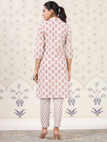 Dhiyona OD  Ethnic Motifs Printed Band Collar Pure Cotton Kurta with Trousers