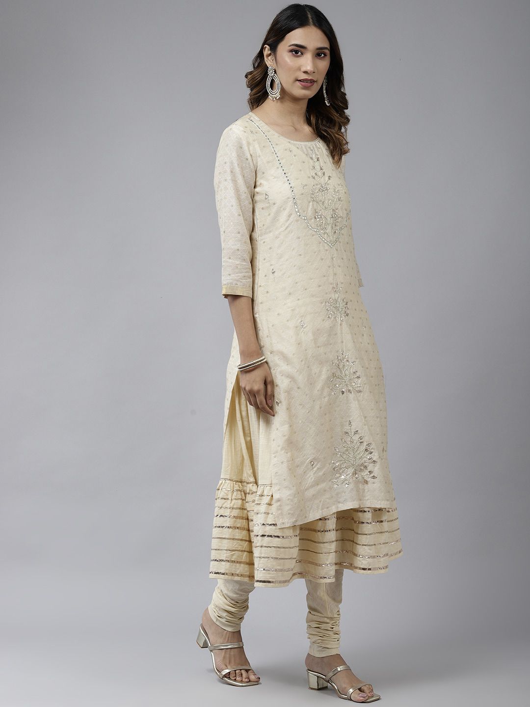 Dhiyona RR Women's Ethnic Motifs Embroidered Layered Mirror Work Chanderi Cotton Kurta Set