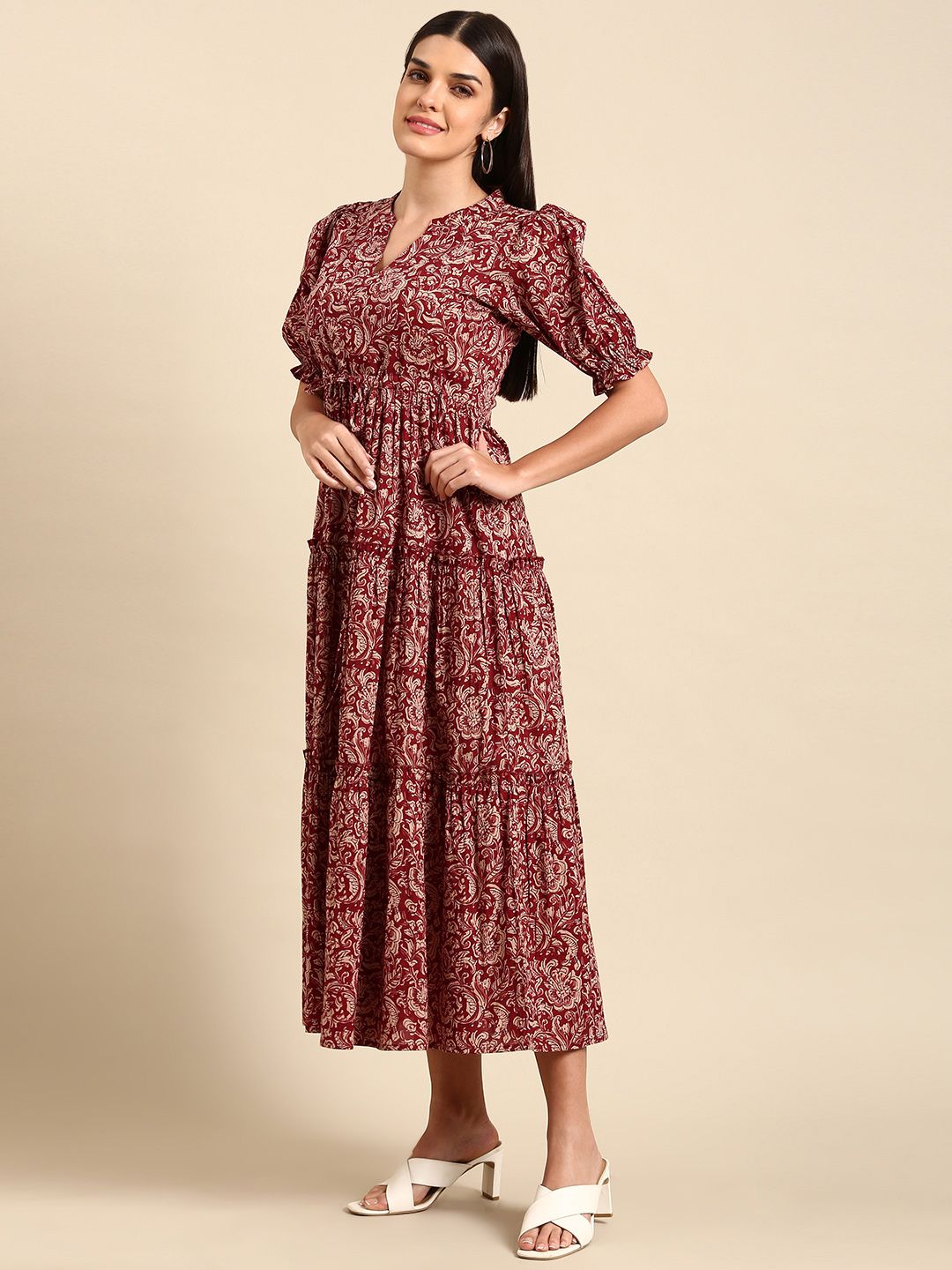 Dhiyona AY Women's Red Floral Ethnic A-Line Cotton Midi Ethnic Dress