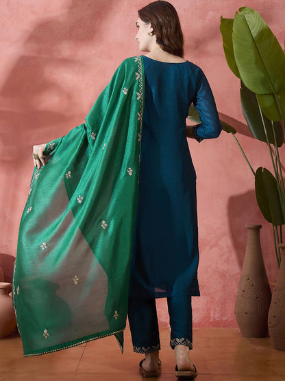Teal Floral Embroidered V-Neck Zari Straight Kurta With Trousers And Dupatta