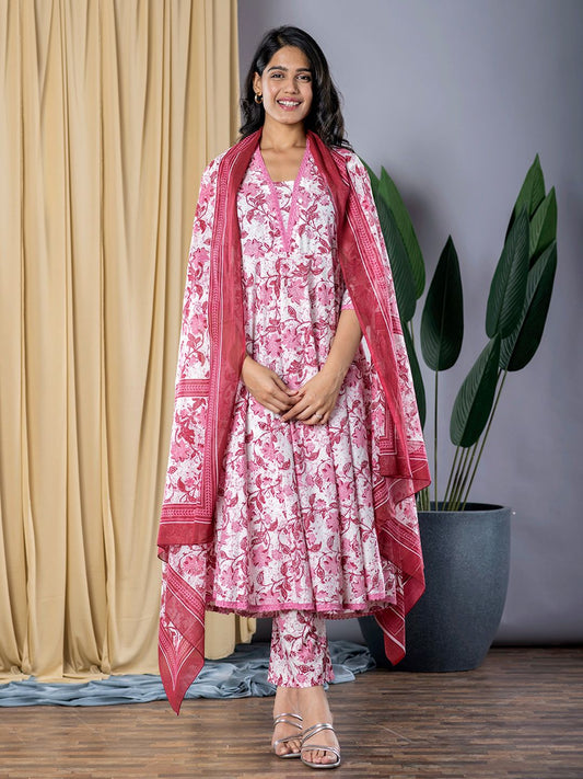 Dhiyona KL Floral Printed Square Neck Pure Cotton A-Line Kurta with Trousers & Dupatta