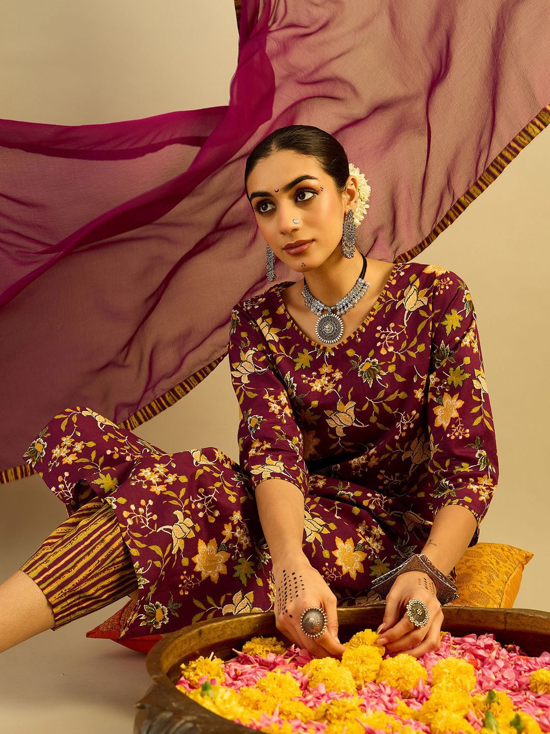 Dhiyona IE Floral Printed V-Neck Pure Cotton Straight Kurta With Trousers & Dupatta