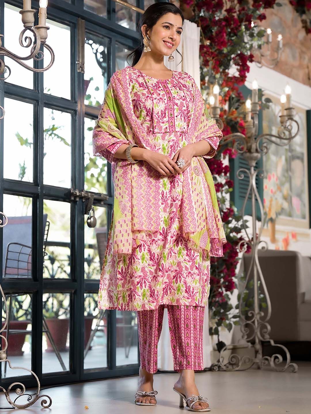Dhiyona KL Floral Printed Regular Mirror Work Pure Cotton Kurta ,Trousers & Dupatta