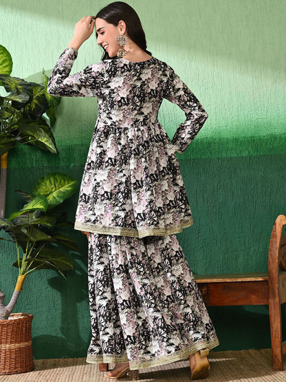 Floral Printed Empire V-Neck A-Line Kurta With Sharara