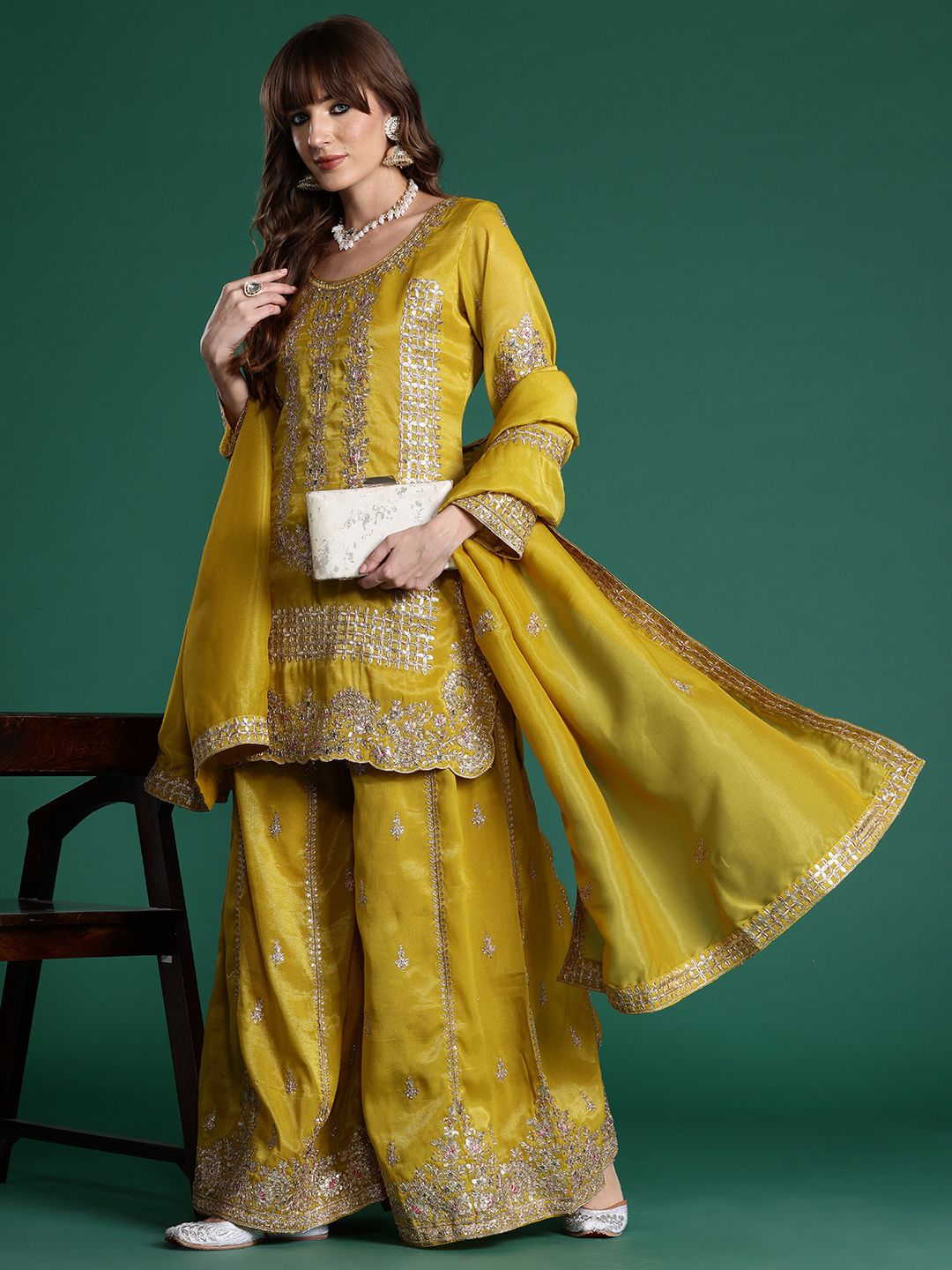 Dhiyona IE Ethnic Motifs Embroidered Sequinned Kurta with Palazzos & With Dupatta