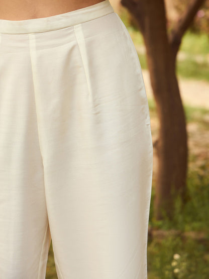 White Floral Yoke Design Tie-Up Neck Straight Kurta With Trousers & Dupatta