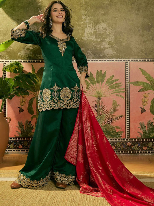 Dhiyona SN Embroidered A-Line Kurta With Palazzo & Dupatta