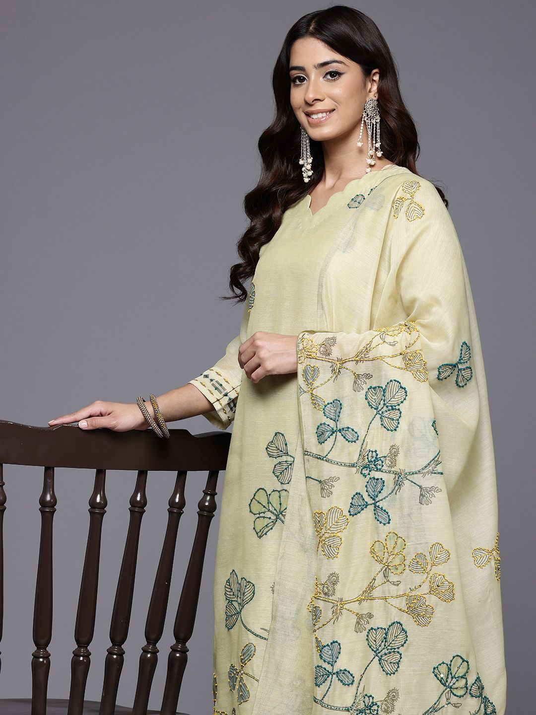 Dhiyona VA Women's Floral Embroidered Thread Work Chanderi Cotton Kurta with Trousers & Dupatta