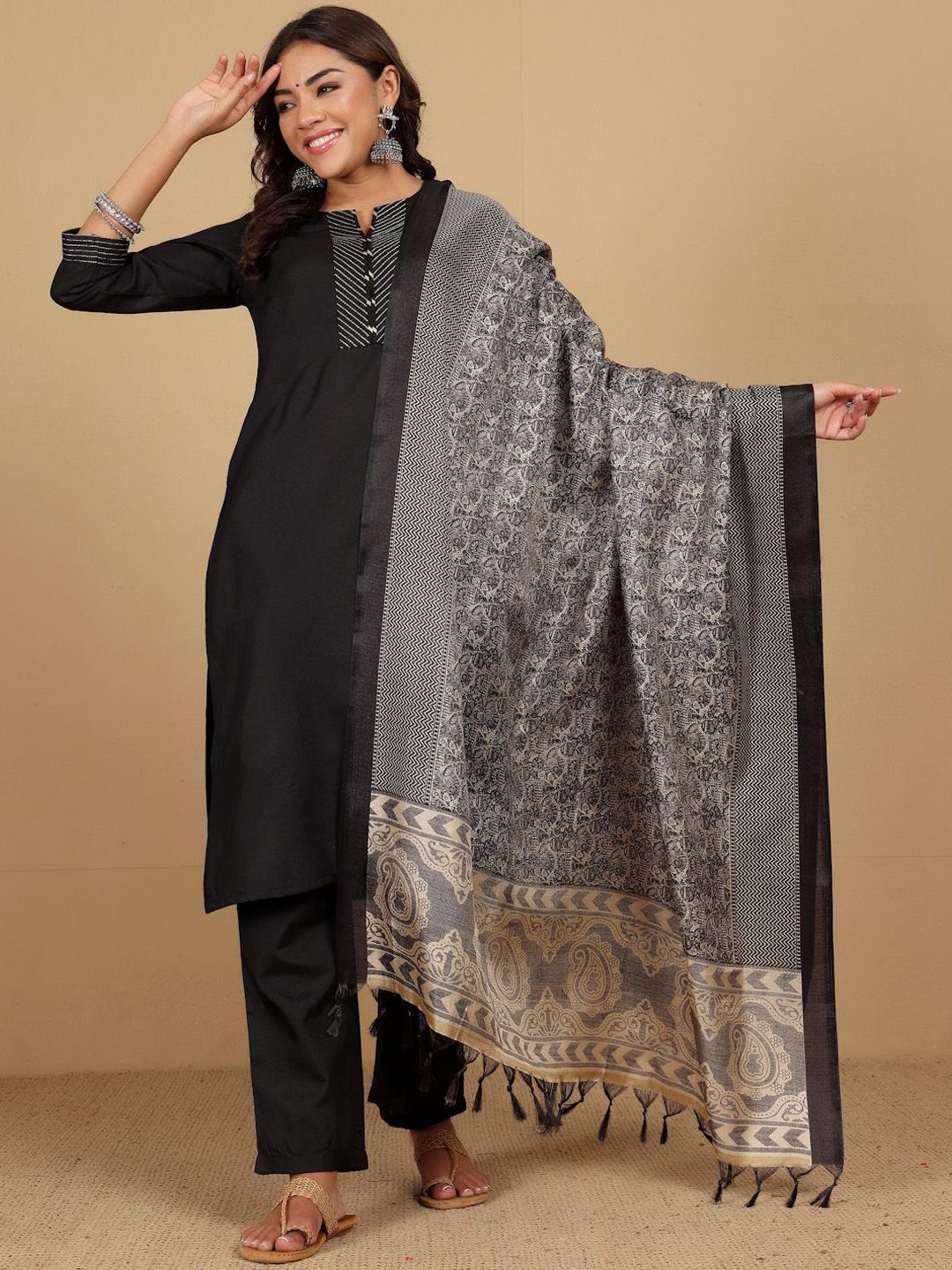 Black Thread Work Notch Neck Straight Kurta With Trousers And Dupatta