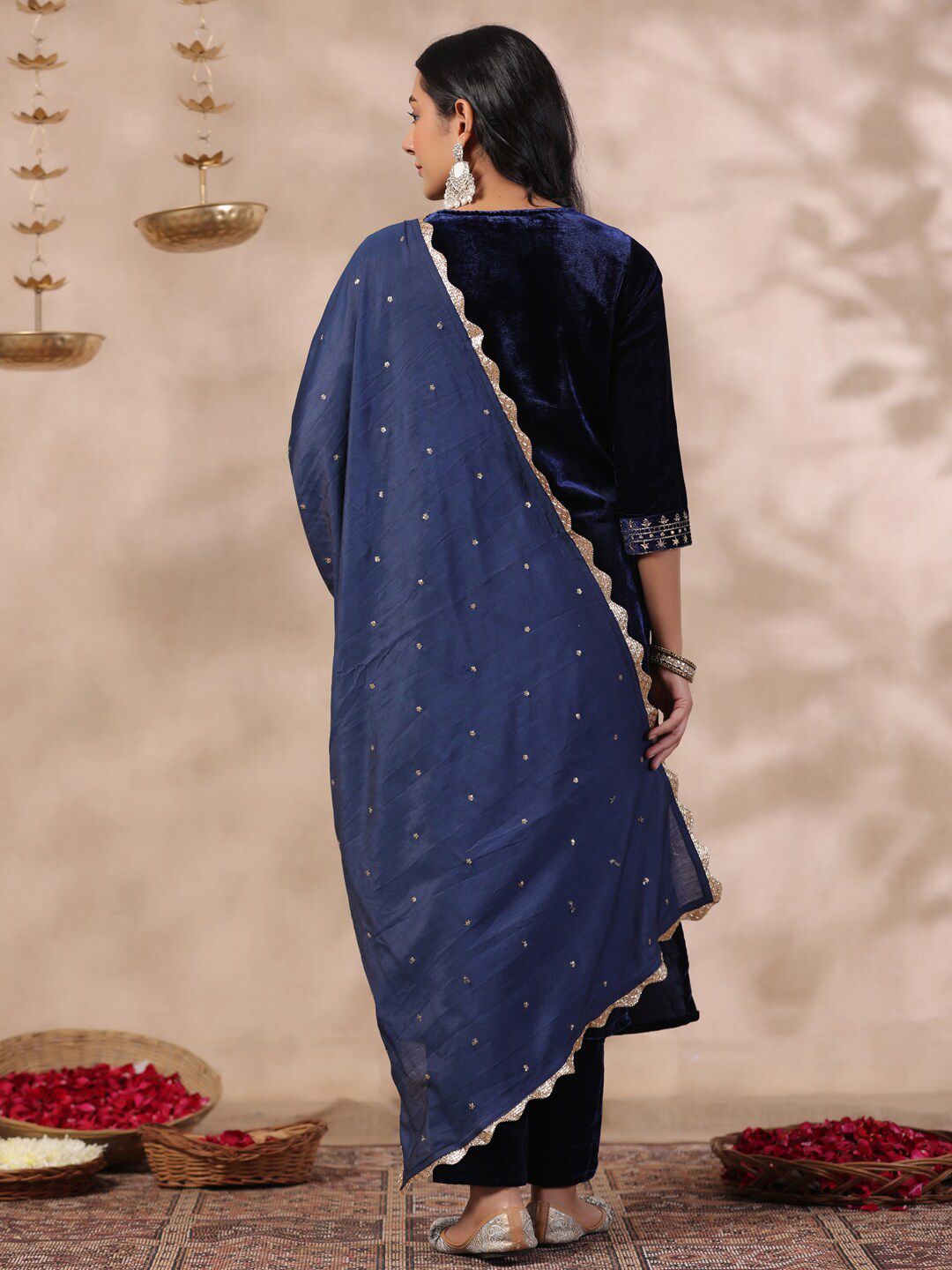 Dhiyona IS Women's Ethnic Motifs Thread Work Notch Neck Velvet Yoke Design Kurta With Trouser & Dupatta