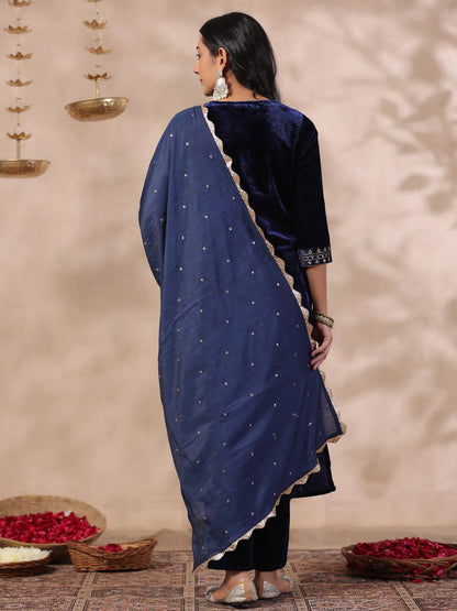 Dhiyona IS Women's Ethnic Motifs Thread Work Notch Neck Velvet Yoke Design Kurta With Trouser & Dupatta