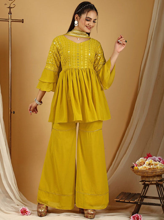 Dhiyona KL Floral Embroidered Regular Kurti With Sharara & Dupatta