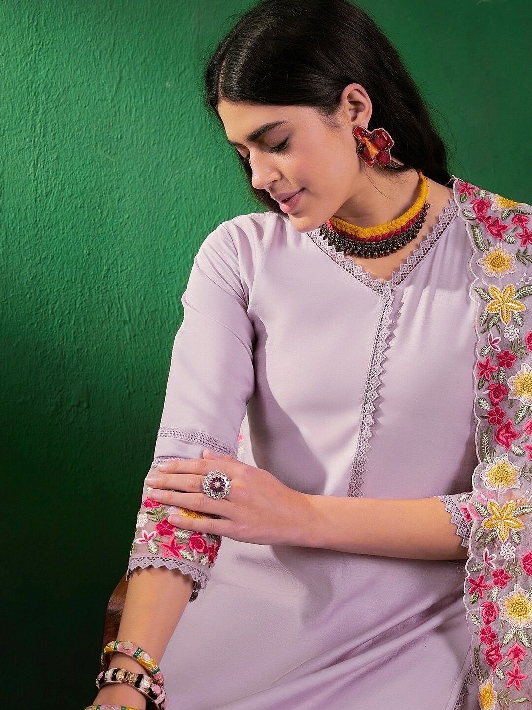 Dhiyona SN Floral Embroidered Schiffli Lace Detail Kurta With Palazzo & Dupatta