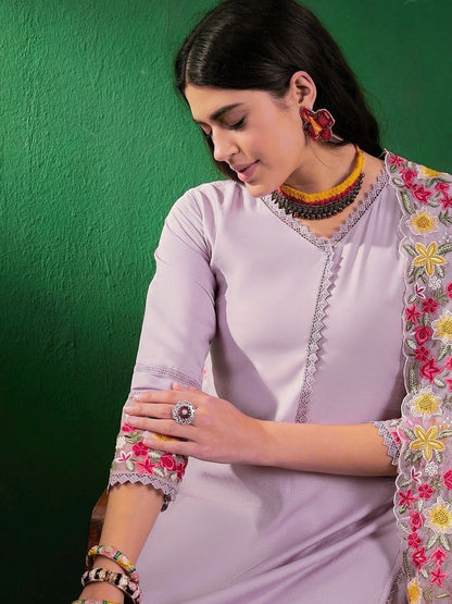 Dhiyona SN Floral Embroidered Schiffli Lace Detail Kurta With Palazzo & Dupatta