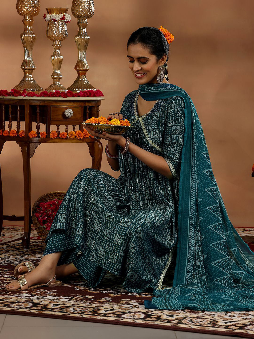 Ethnic Motifs Printed Empire Gotta Patti Kurta with Trousers & Dupatta