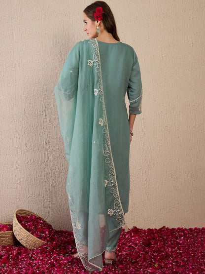 Dhiyona IE Women Floral Embroidered Regular Thread Work Kurta with Trousers & With Dupatta