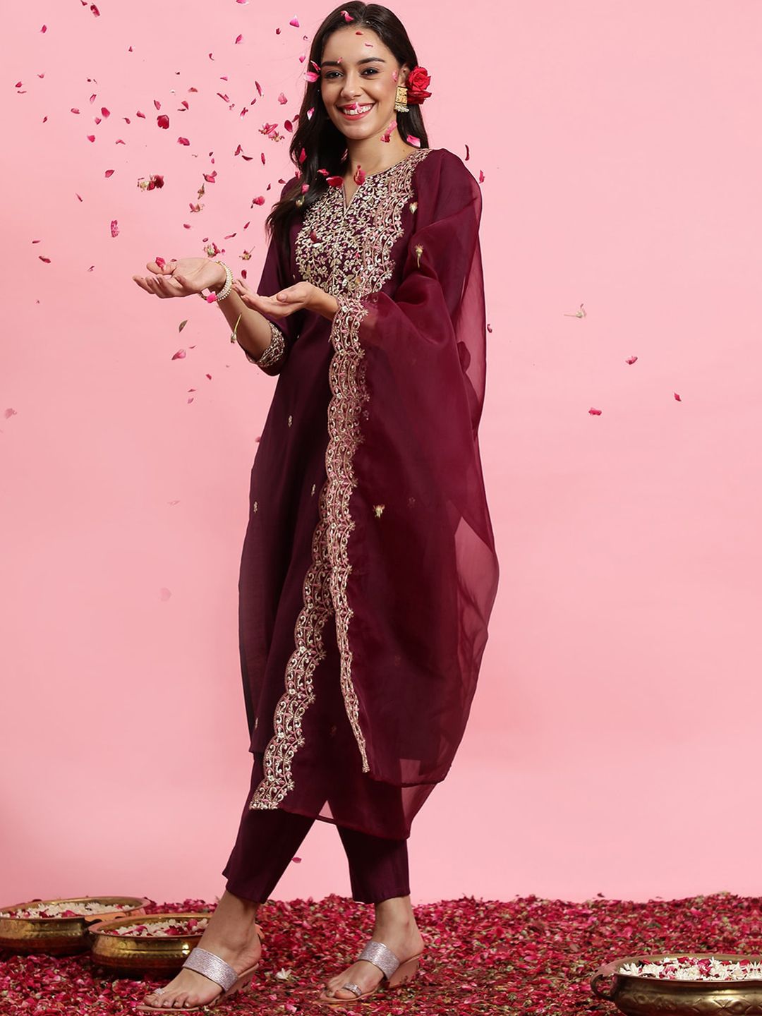 Dhiyona IE Floral Embroidered Yoke Design Kurta with Trousers & With Dupatta