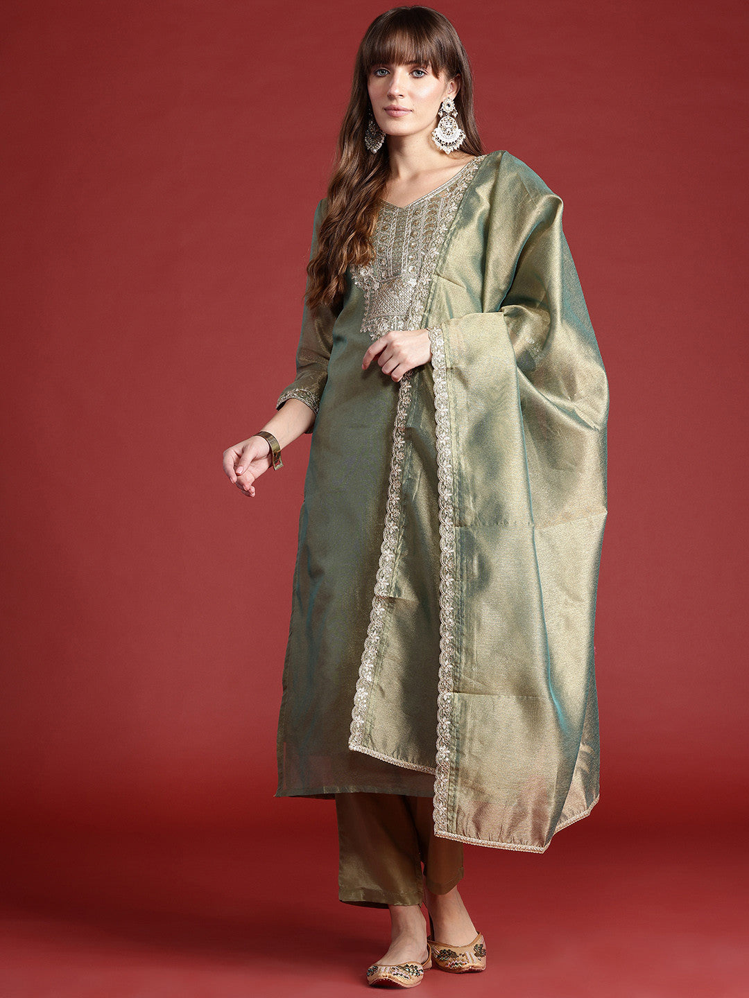 Ethnic Motifs Embroidered Sequinned Liva Republic Day Kurta With Trousers & Dupatta